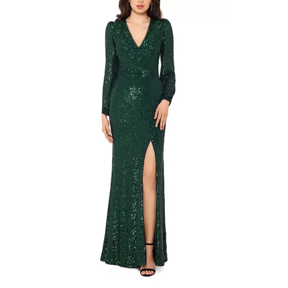 XSCAPE Women's Sequinned High-Slit Evening Gown Hunter Green Size 4